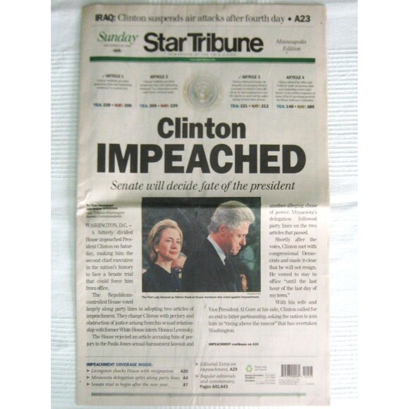 CLINTON IMPEACHED Minneapolis St Paul Tribune December 20 1998 Sunday Newspaper - Picture 1 of 2